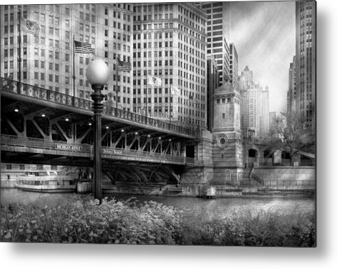 Chicago Metal Print featuring the photograph Chicago IL - DuSable Bridge built in 1920 - BW by Mike Savad