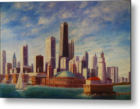 Navy Pier Metal Print featuring the painting Chicago Skyline by Will Germino