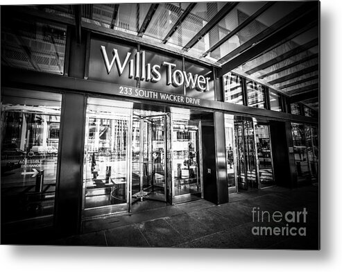 America Metal Print featuring the photograph Chicago Willis-Sears Tower Sign in Black and White by Paul Velgos