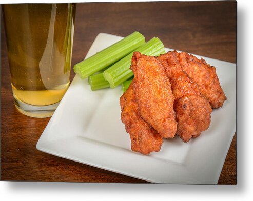 Beer Metal Print featuring the photograph Chicken Buffalo Wings with Celery Sticks and Beer by Brandon Bourdages