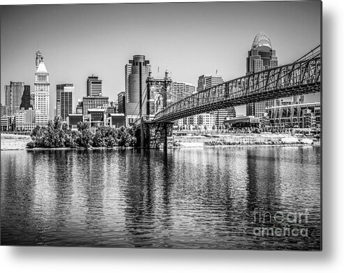2012 Metal Print featuring the photograph Cincinnati Skyline and Roebling Bridge Black and White Picture by Paul Velgos