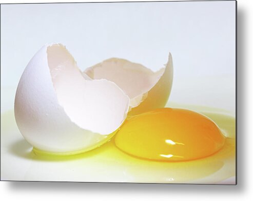 White Background Metal Print featuring the photograph Close-up Of A Broken Egg On White by Zen Rial