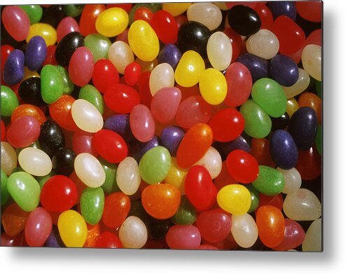 Close-up; Full Frame; Differential Focus; Backgrounds; Abundance; Simplicity; Jelly Beans; Colorful; Heap; Shiny; Sweet Food; Sweets; Candies Metal Print featuring the photograph Close Up Of Jelly Beans by Anonymous