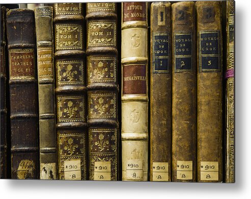 Education Metal Print featuring the photograph Close up of old leather bound books in library by Jacobs Stock Photography Ltd