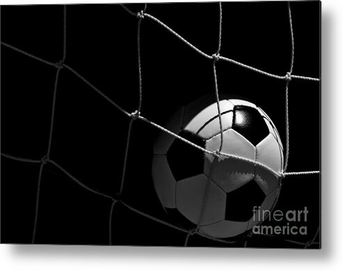 Ball Metal Print featuring the photograph Closeup of Soccer Ball in Goal by Danny Hooks