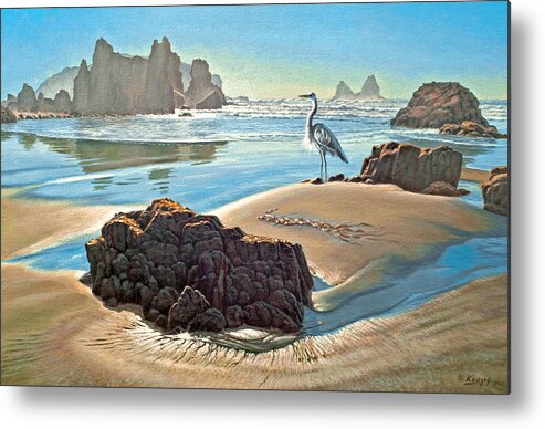 Seascape Metal Print featuring the painting Coast with Great Blue Heron by Paul Krapf