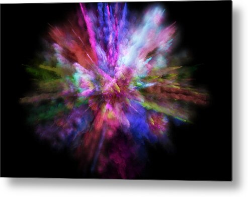 Hinduism Metal Print featuring the photograph Colorful powder explosion in all directions in a nice composition with vivid colors and black background. by Artur Debat