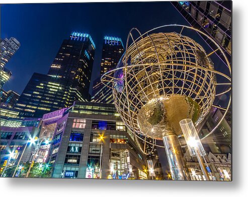 Ny Metal Print featuring the photograph Columbus Circle Globe and Time Warner Towers at Night by Val Black Russian Tourchin
