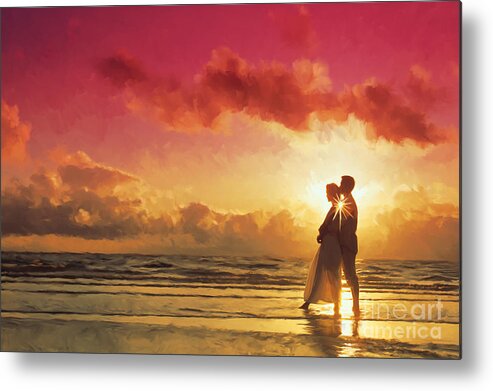 Couple At Sunset On The Beach Metal Print featuring the painting Couple At Sunset On The Beach by Tim Gilliland