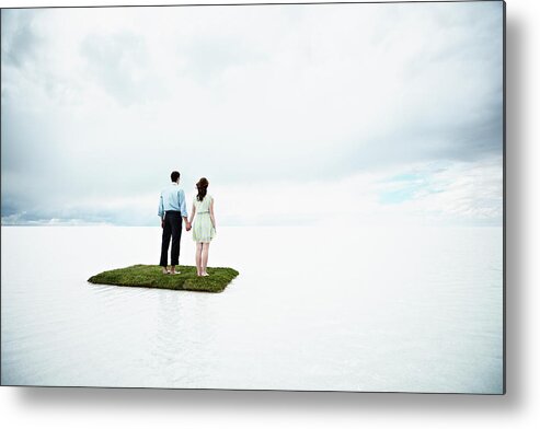 Young Men Metal Print featuring the photograph Couple On Small Island In Large Body Of by Thomas Barwick