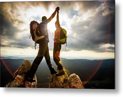 Scenics Metal Print featuring the photograph Couple On Top Of A Mountain Shaking by Vm