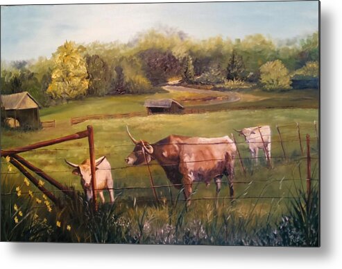 Longhorn Cattle Metal Print featuring the painting Courtship Across The Fence Line by Connie Rish