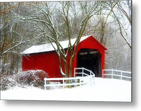 Winter Wonderland Metal Print featuring the photograph Cover Bridge Beauty by Peggy Franz