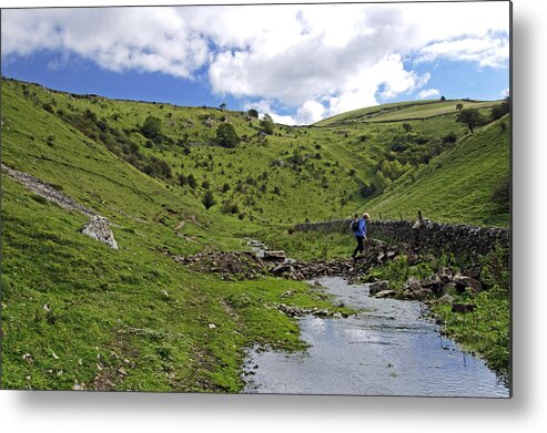Blue Metal Print featuring the photograph Crossing the Stream in Cressbrook Dale by Rod Johnson