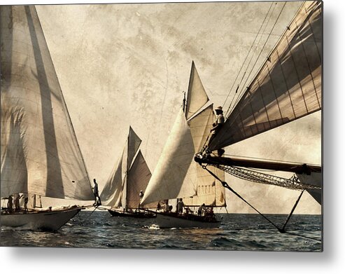 Outdoor Metal Print featuring the photograph A vintage processed image of a sail race in port Mahon Menorca - Crowded sea by Pedro Cardona Llambias
