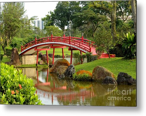 Bridge Metal Print featuring the photograph Curved red Japanese bridge and stream Chinese Gardens Singapore by Imran Ahmed