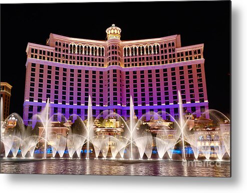 Bellagio Metal Print featuring the photograph Dancing Waters - Bellagio Hotel and Casino at night by Jamie Pham