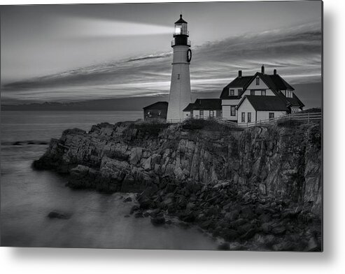 Portland Metal Print featuring the photograph Dawn At Portland Head Light BW by Susan Candelario