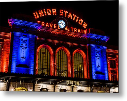 Blue Metal Print featuring the photograph Denver Union Station in Orange and Blue by Teri Virbickis