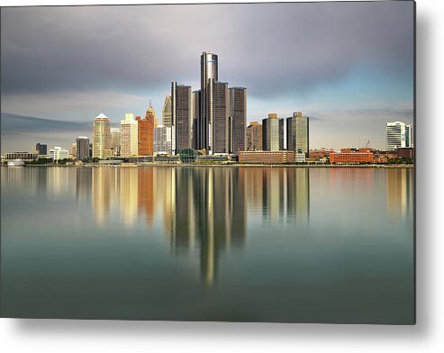 Detroit Metal Print featuring the photograph Detroit Michigan Skyline Reflections by Linda Goodhue Photography