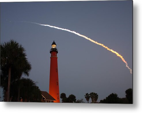 Space Metal Print featuring the photograph Discovery Booster Separation over Ponce Inlet Lighthouse by Paul Rebmann