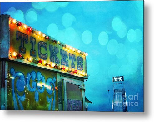 Carnival Ticket Booth Metal Print featuring the photograph Dreamy Carnival Festival Ticket Booth Stand - Teal Aquamarine Blue Carnival Festival Fun Slide Photo by Kathy Fornal