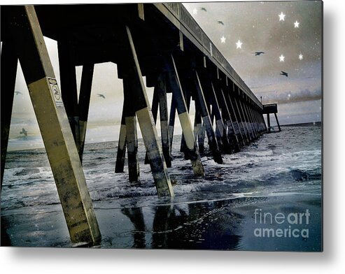 Ocean Photography Metal Print featuring the photograph Dreamy Haunting Ocean Coastal Pier With Stars and Birds by Kathy Fornal