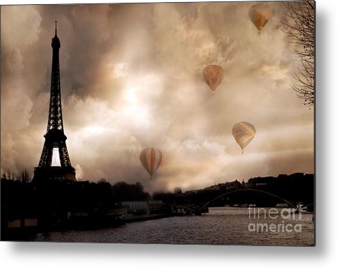Paris Photography Metal Print featuring the photograph Dreamy Surreal Eiffel Tower Hot Air Balloons Sepia by Kathy Fornal