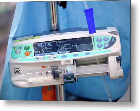 Drug Infusion Metal Print featuring the photograph Drug Infusion Equipment by Mark Thomas/science Photo Library