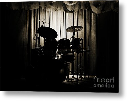 On Stage Metal Print featuring the photograph Drum Set On Stage Photograph Combo Jazz Sepia 3234.01 by M K Miller