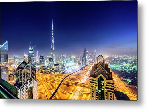 Arabia Metal Print featuring the photograph Dubai Downtown Skyline At Night by Johnnygreig