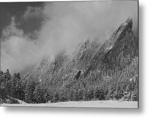 Flatirons Metal Print featuring the photograph Dusted Flatirons Low Clouds Boulder Colorado BW by James BO Insogna