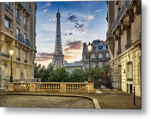 Atmosphere Metal Print featuring the photograph Eiffel Tower with Haussmann apartment Buildings in foreground, Paris, France by Harald Nachtmann