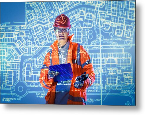 Civil Engineering Metal Print featuring the photograph Engineer with digital tablet and projected plans, portrait by Monty Rakusen