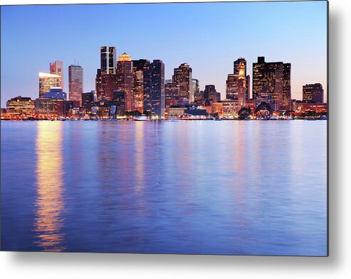 Water's Edge Metal Print featuring the photograph Evening On Illuminated Boston City by Buzbuzzer