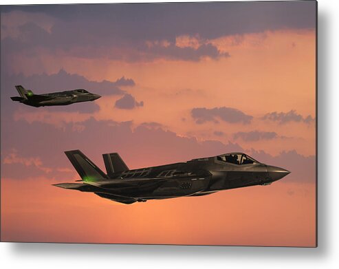 Teamwork Metal Print featuring the photograph F-35 Fıghter Jets in flight at sunset by Guvendemir