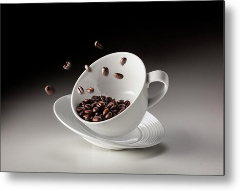 Mid-air Metal Print featuring the photograph Falling Coffee Cup With Coffee Beans by Bjorn Holland