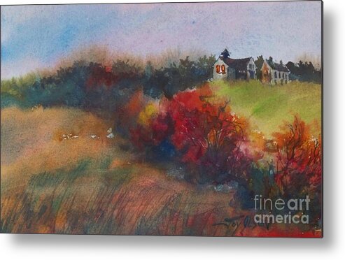 Rural Metal Print featuring the painting Farm on the hill at sunset by Joy Nichols