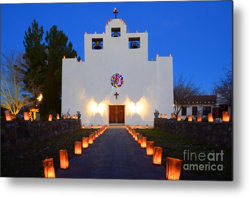 Saint Francis De Paula Mission Metal Print featuring the photograph Farolitos Saint Francis De Paula Mission by Bob Christopher