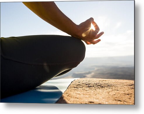 Scenics Metal Print featuring the photograph Female doing yoga and meditation outside by Jordan Siemens
