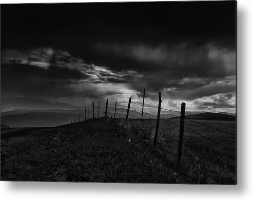 Black And White Metal Print featuring the photograph Fence Line by Theresa Tahara