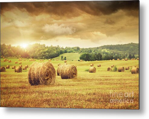 Agricultural Metal Print featuring the photograph Field of freshly bales of hay with beautiful sunset by Sandra Cunningham