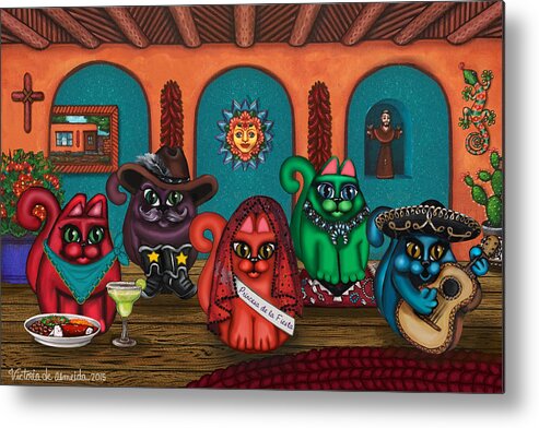 Folk Art Metal Print featuring the painting Fiesta Cats II by Victoria De Almeida