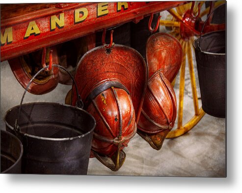 Savad Metal Print featuring the photograph Fireman - Hats - I volunteered for this by Mike Savad