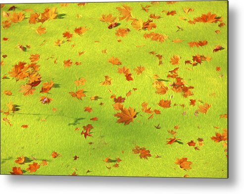 Abstract Metal Print featuring the painting Floating Orange Leaves by David Letts