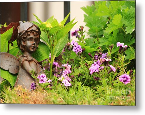 Angel Metal Print featuring the photograph Flower-bed mit an angel statue by Amanda Mohler