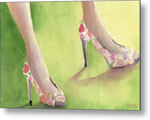 Fashion Metal Print featuring the painting Flowered Shoes Fashion Illustration Art Print by Beverly Brown