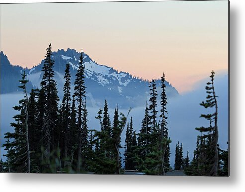 Sunset Metal Print featuring the photograph Mt. Rainier's Foggy Sunset by E Faithe Lester