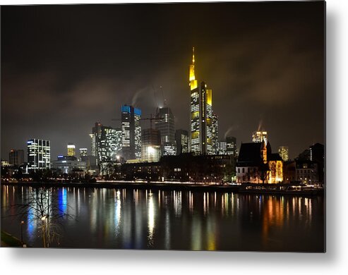 Europa Tower Metal Print featuring the photograph Frankfurt Skyline At Night Reflected On by Sir Francis Canker Photography