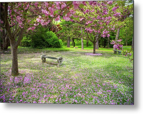 Tranquility Metal Print featuring the photograph Garden Bench In Springtime by Littleny Photographic Arts ~ Lisa Combs